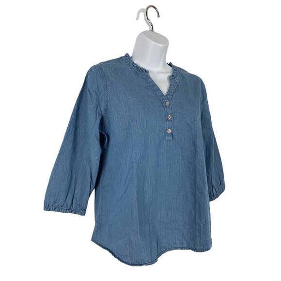 Croft & Barrow Chambray Ruffle V-Neck Top 3/4 Sleeve Denim Blouse Womens Size PS - Picture 3 of 10